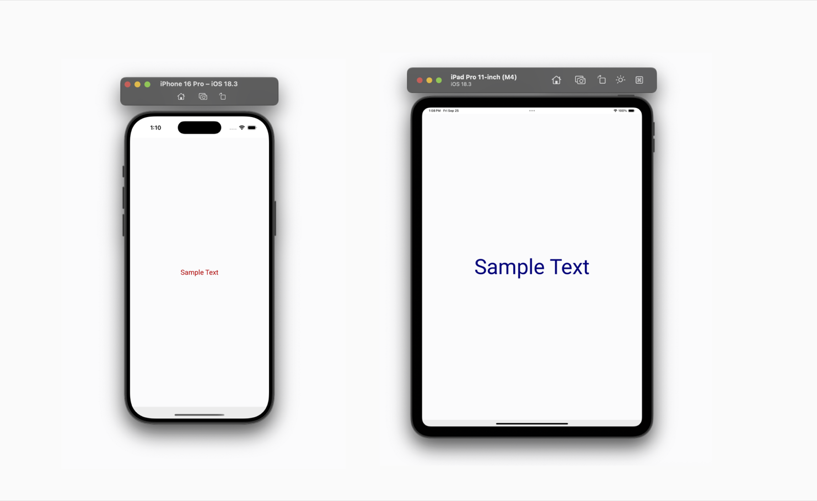 The same label rendered as small red text on an iPhone 16 Pro simulator and as large navy text on an iPad Pro 11-inch simulator