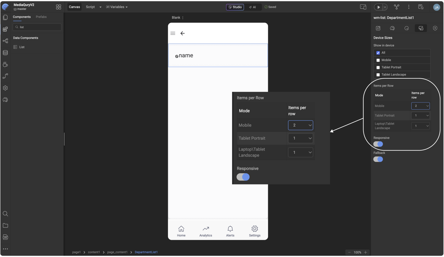 The Device Sizes tab of a List widget with the Items per Row table set to 2 for Mobile and 1 for Tablet Portrait and Laptop/Tablet Landscape, and Responsive turned on