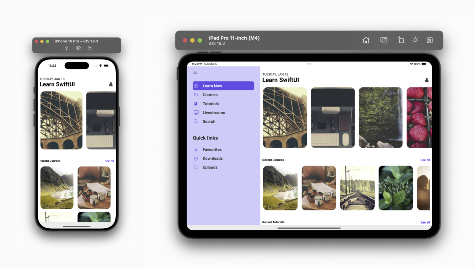 A course-browsing screen on an iPhone 16 Pro with stacked lists, and on an iPad Pro 11-inch with a left navigation panel and horizontally scrolling lists