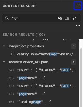 Close icon highlighted in the Content Search panel