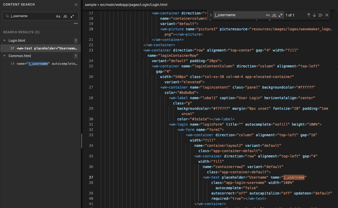 Search result selected in the Content Search panel, with the corresponding file opened at the matching line