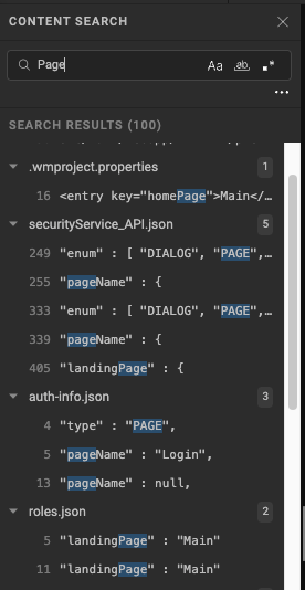 Content Search results for "Page", grouped by file with per-file match counts, line numbers, and highlighted matches
