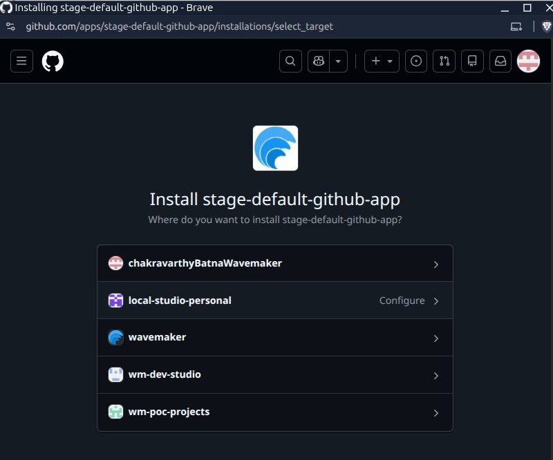 GitHub App installation page for choosing the target account or organization
