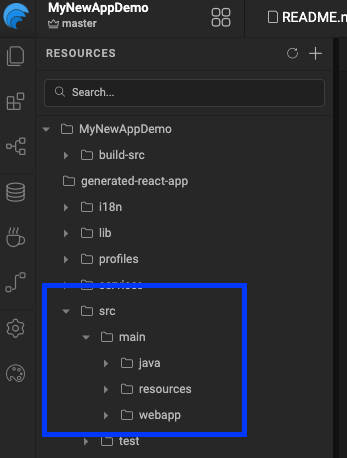 WaveMaker project file tree showing src/main/java, resources, and webapp folders